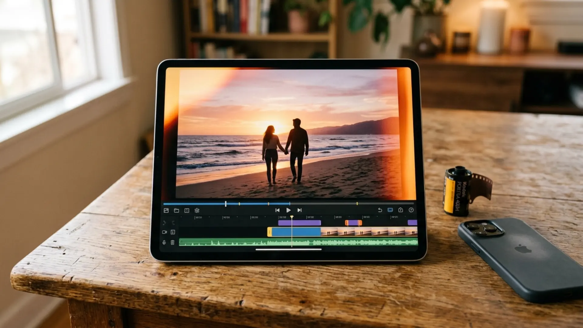 Adding film grain and light leak overlays to a graded video in a mobile editing app on iPad