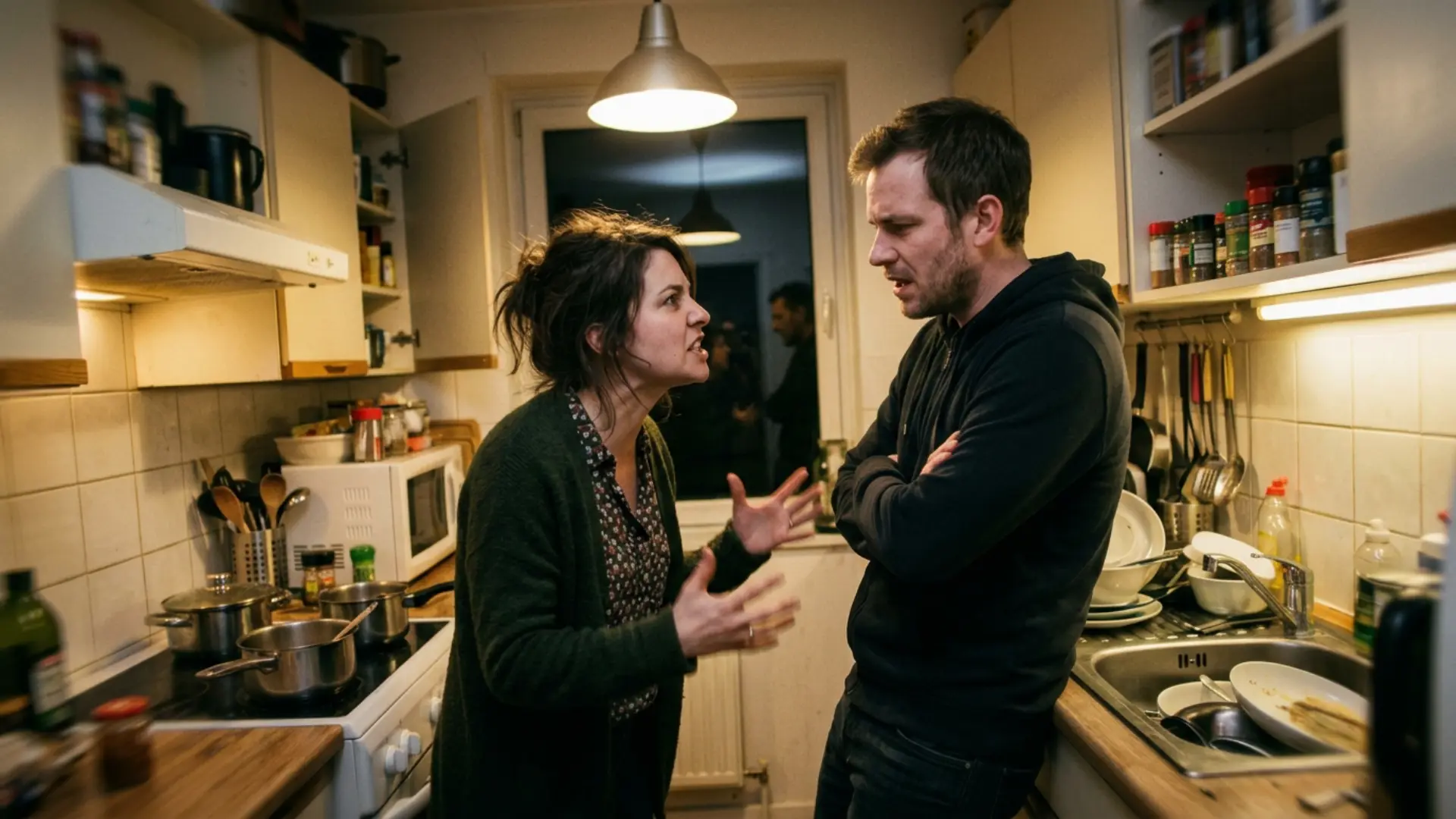 Handheld camera perspective creating tension and intimacy in a dramatic film scene