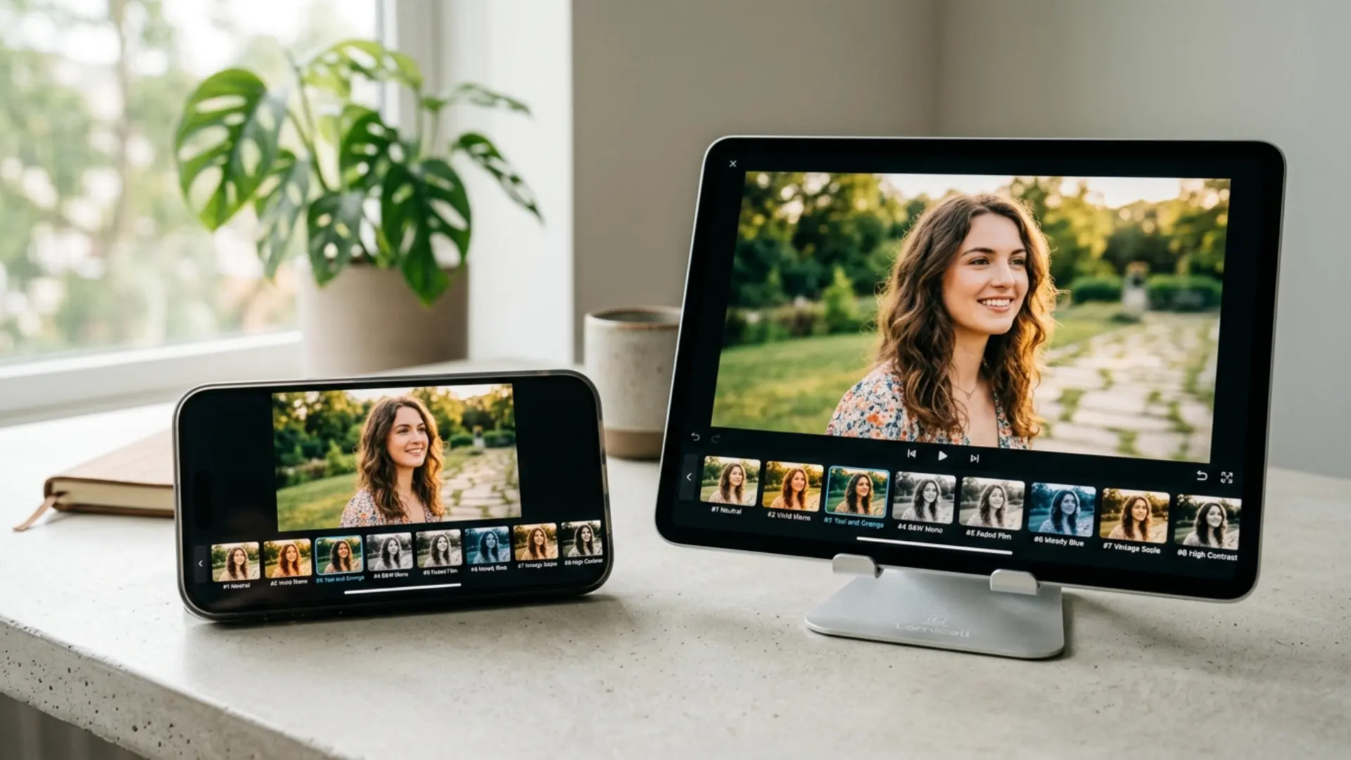 Applying cinematic LUTs to iPhone video on an iPhone and iPad with LUT preview thumbnails on screen