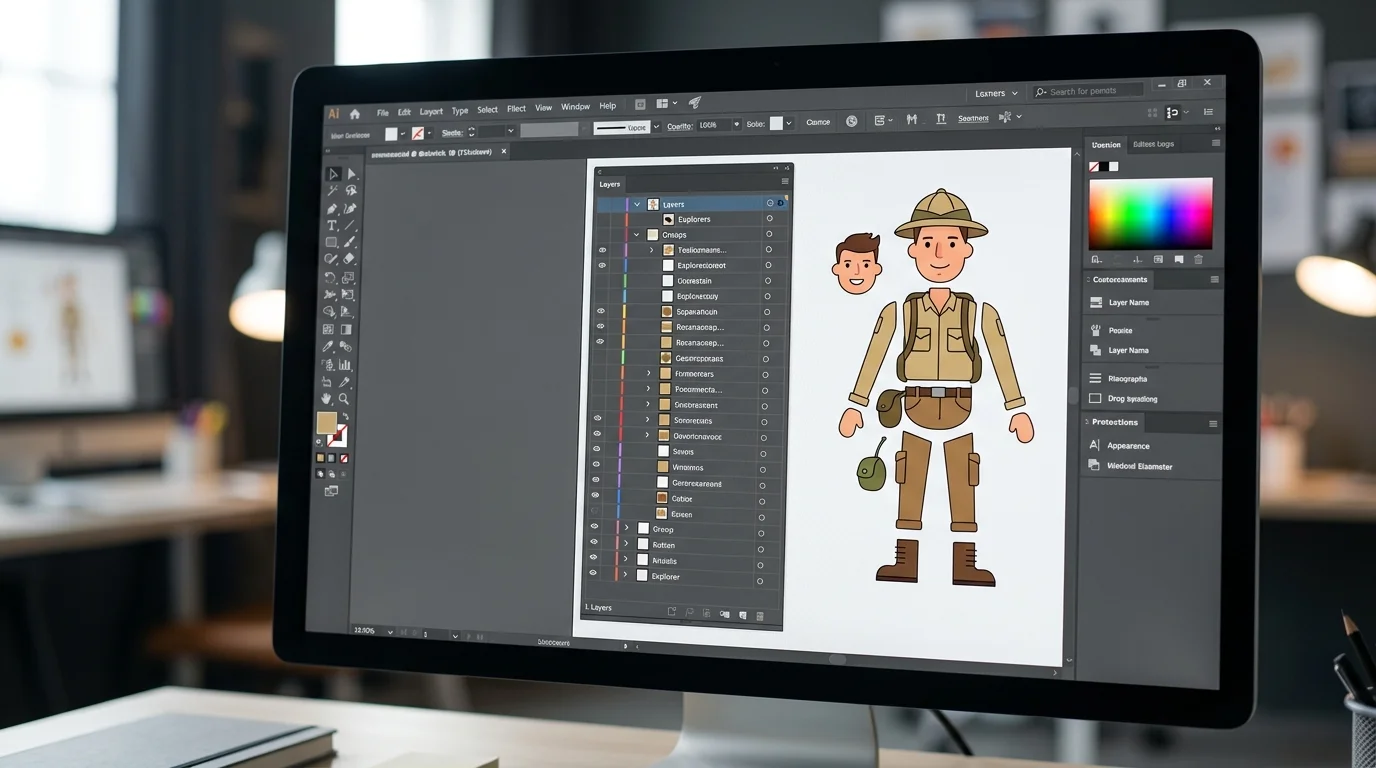 Illustrator layers panel with each animated body part on its own top-level layer, ready for After Effects