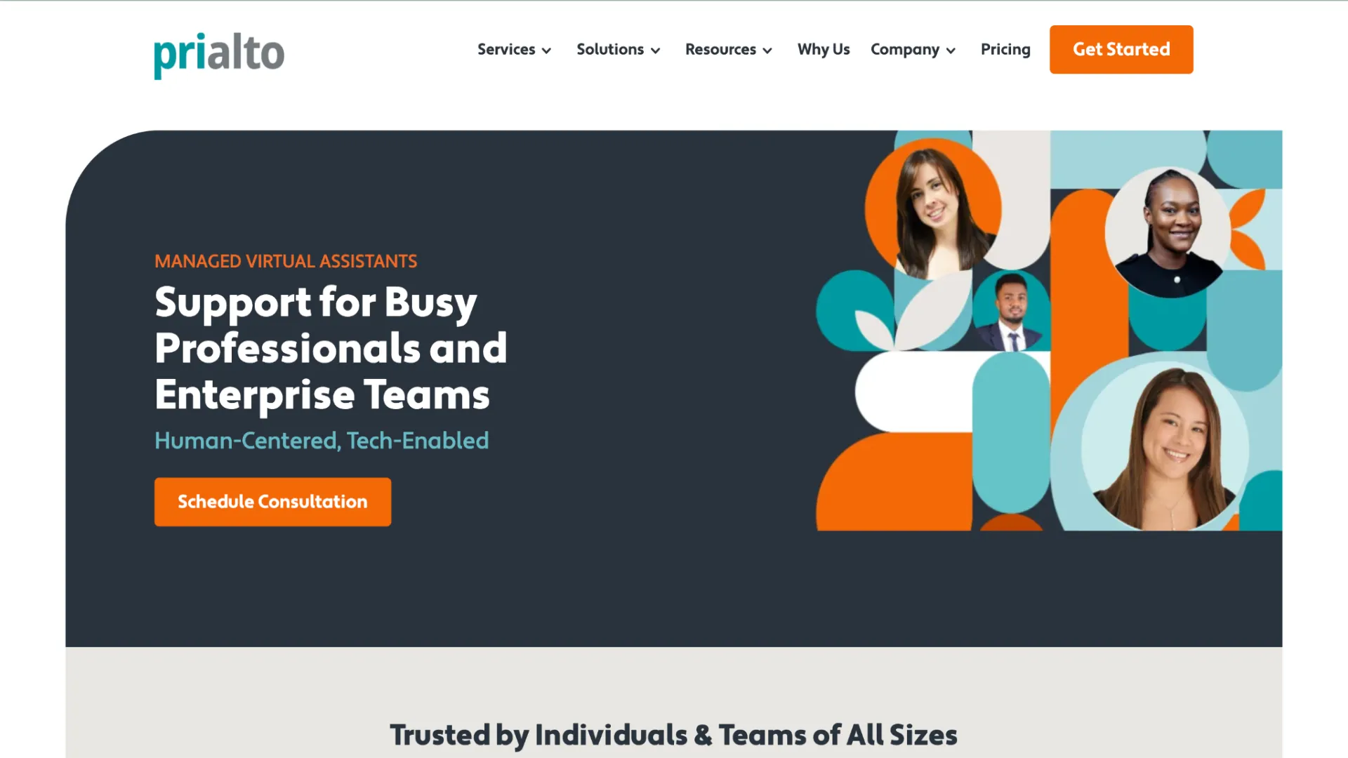 Prialto website header displaying managed virtual assistant services for enterprise teams and busy professionals with team member portraits.