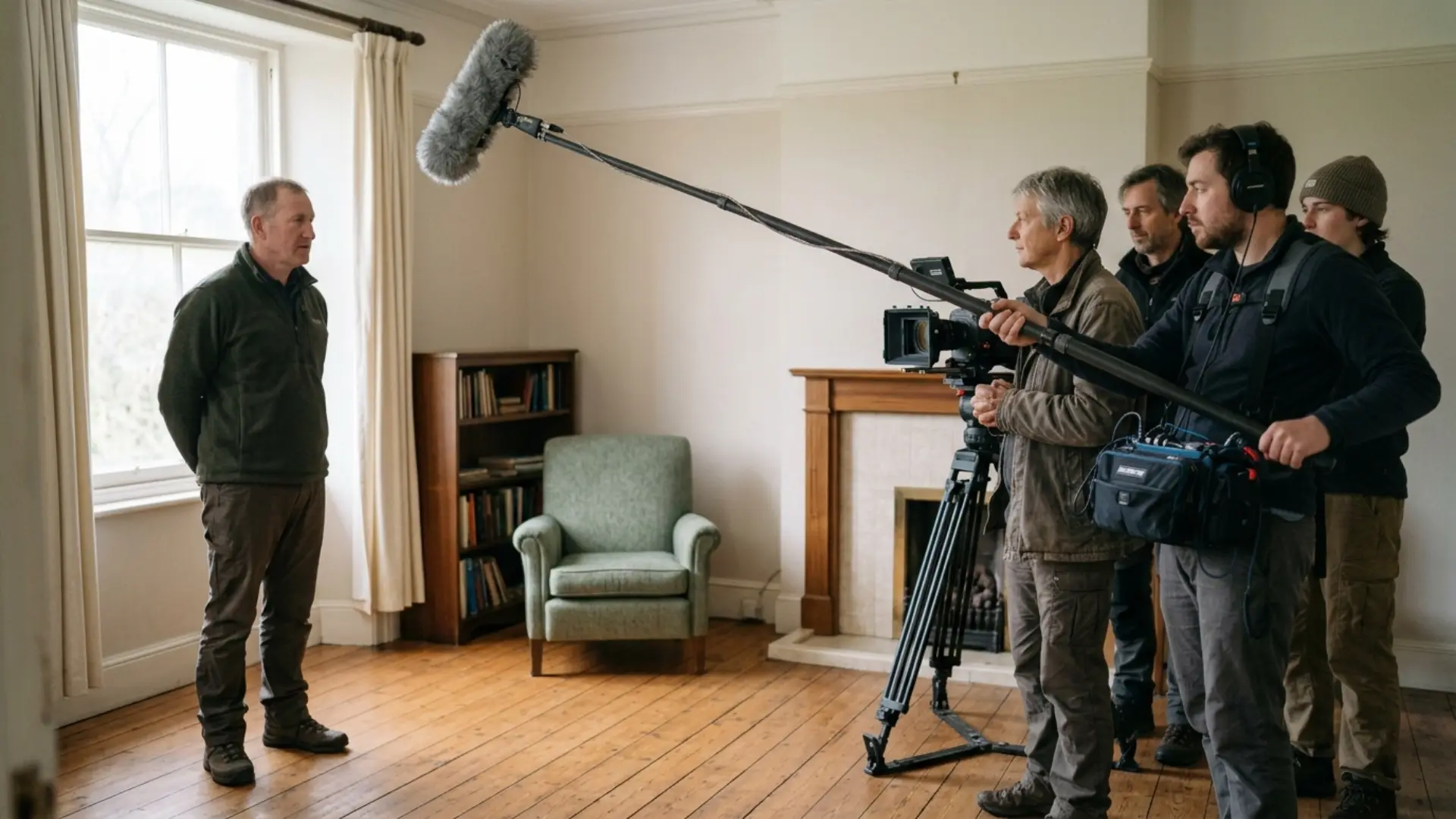 Sound recordist holding a boom microphone in a silent room to capture room tone on set