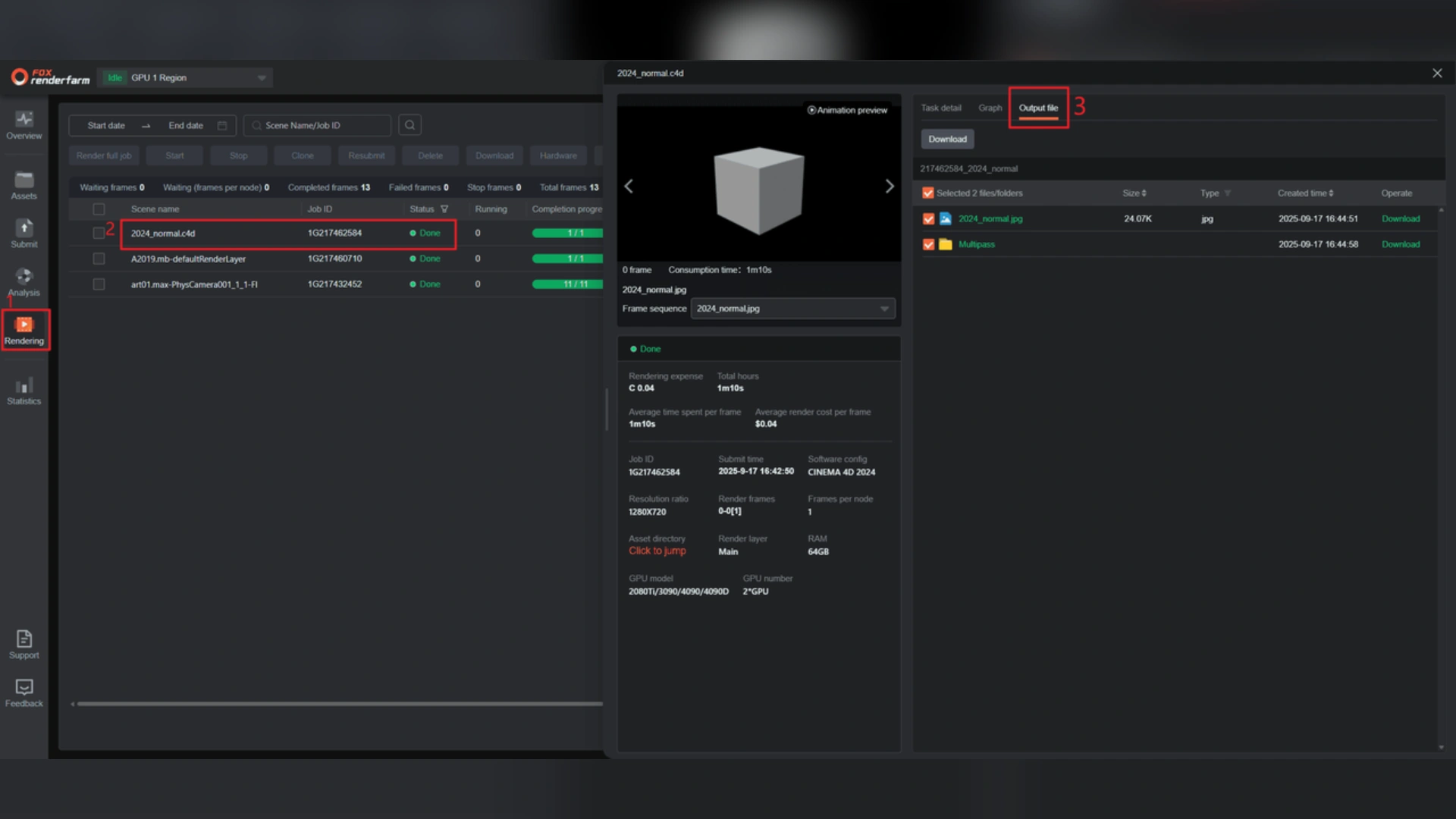 A dark-mode interface of Fox Renderfarm displaying a completed Cinema 4D 2024 render job named 2024_normal.c4d with red numbered callouts pointing to the Rendering menu, the scene job status, and the Output File download tab.