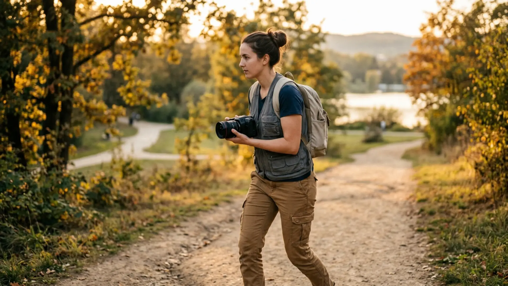 Filmmaker using proper handheld camera technique to shoot smooth footage without a gimbal