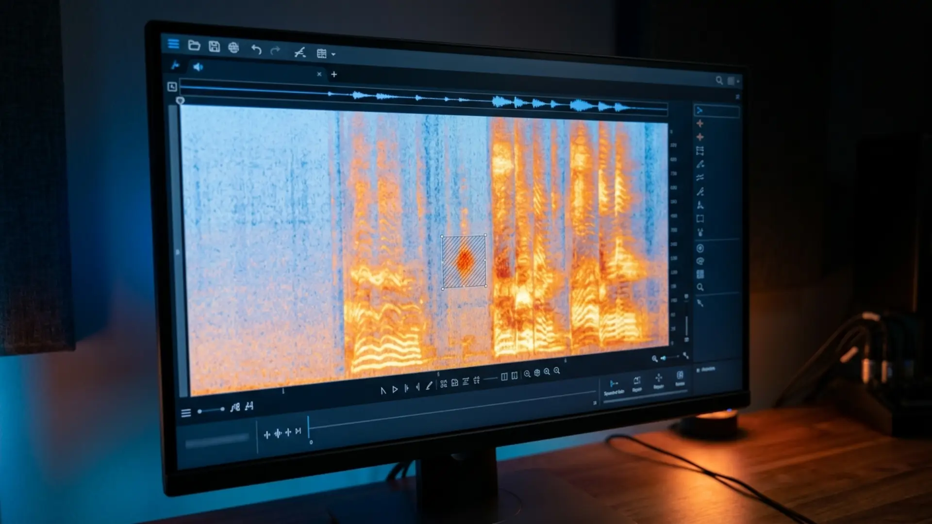 Spectral audio editor showing a voice spectrogram with a small noise selection being repaired
