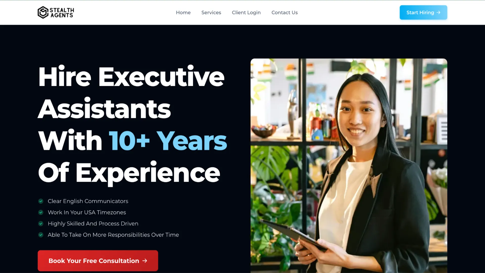 Stealth Agents website banner offering executive assistants with over 10 years of experience, showing a female assistant holding a tablet in an office.