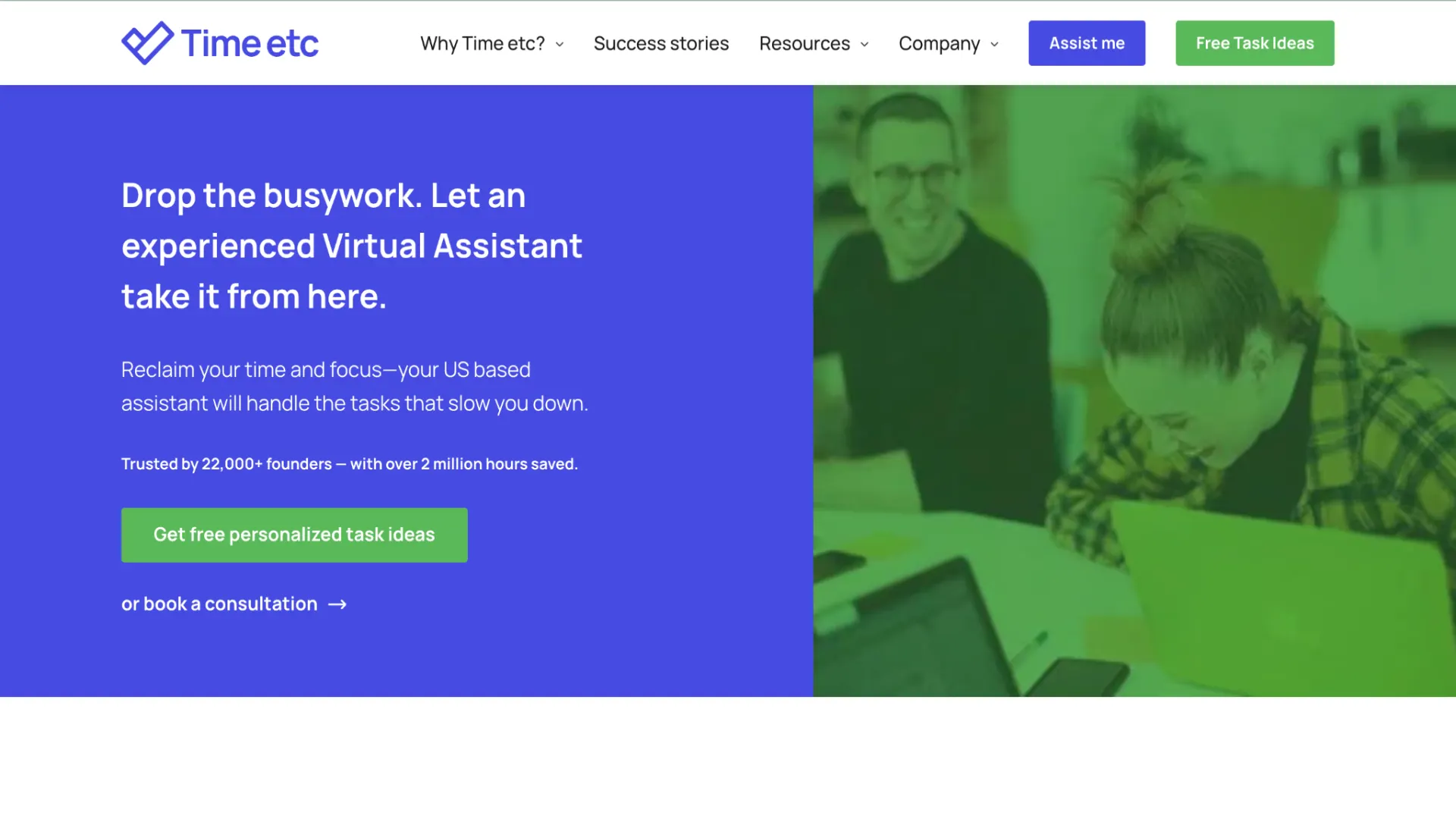 Time etc website homepage featuring US-based virtual assistant services to handle business admin tasks and save time for founders.