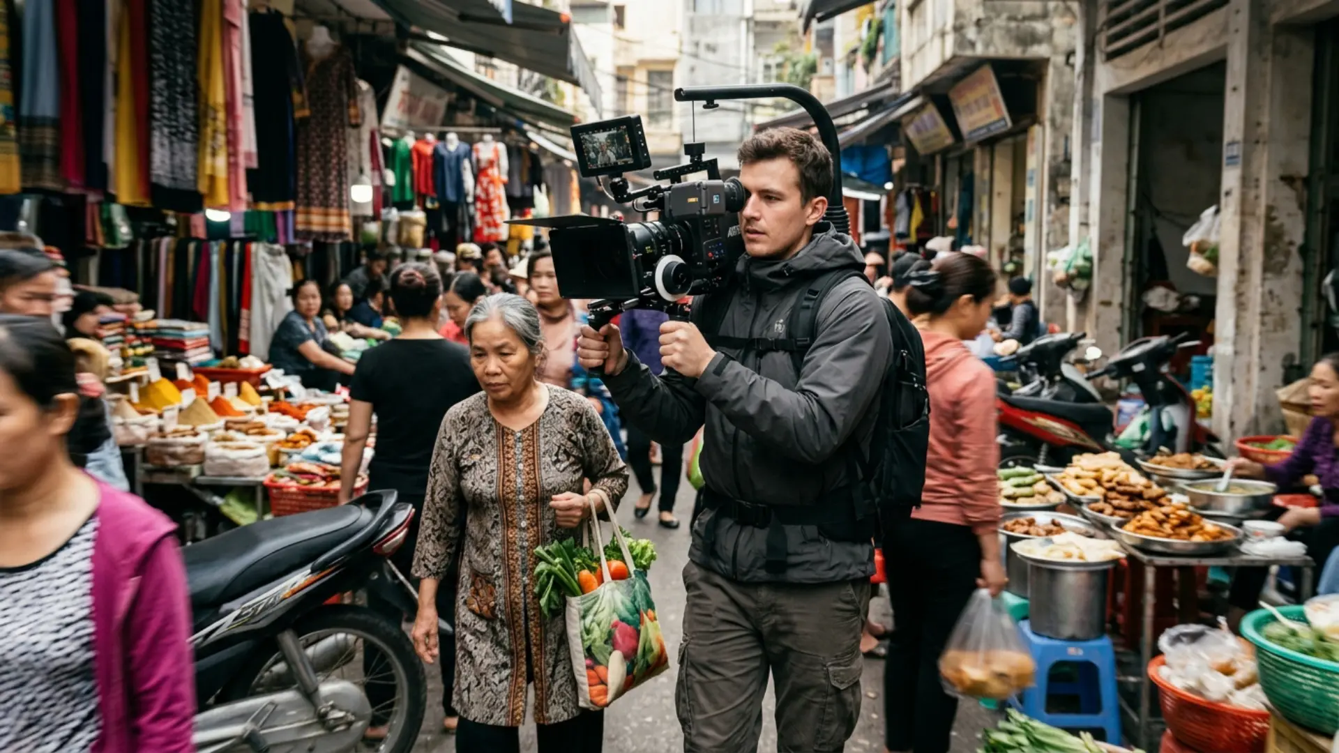 Documentary filmmaker shooting handheld with a shoulder-mounted camera in a crowded street