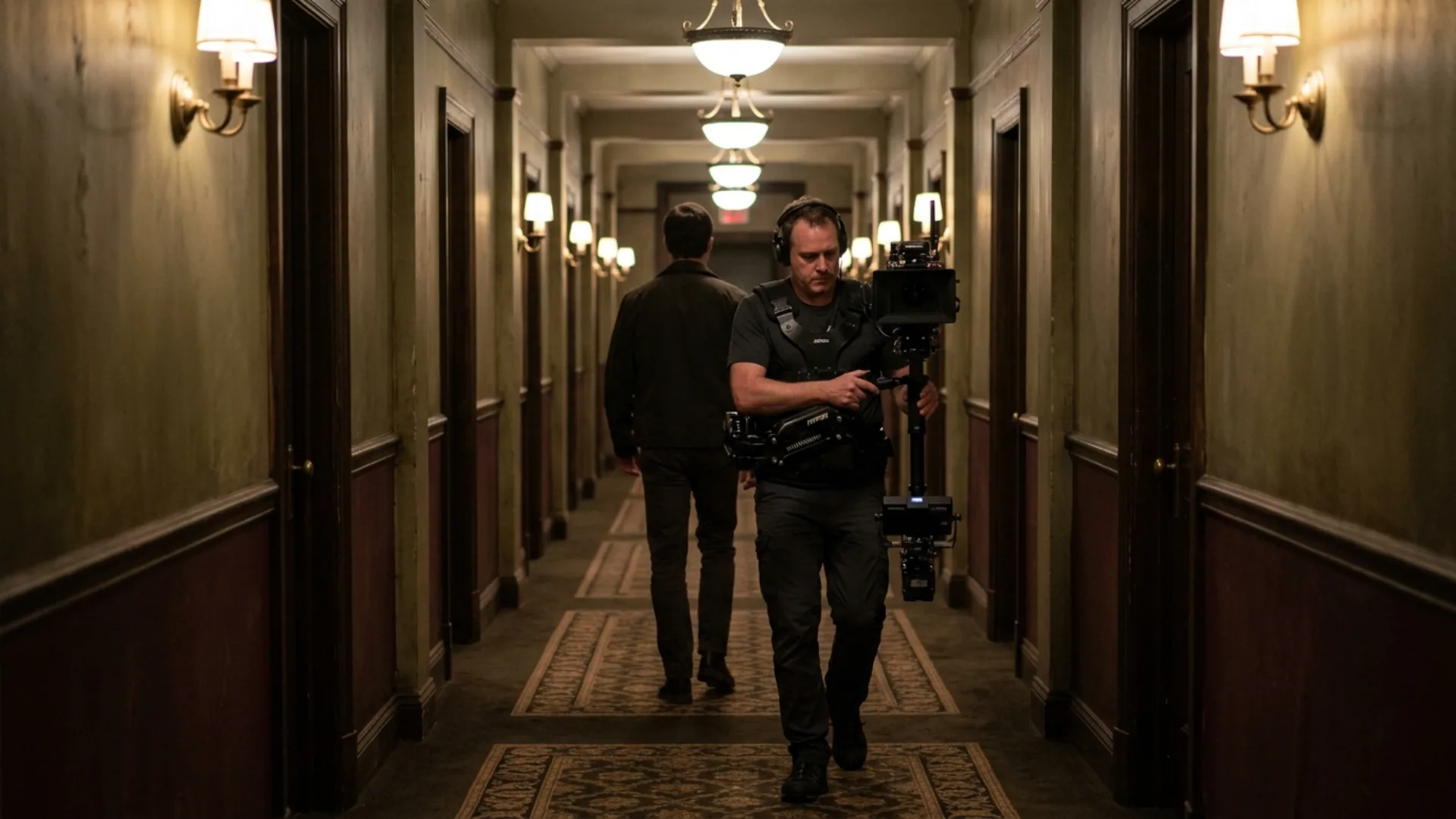 Steadicam operator capturing a smooth stabilized tracking shot down a hallway