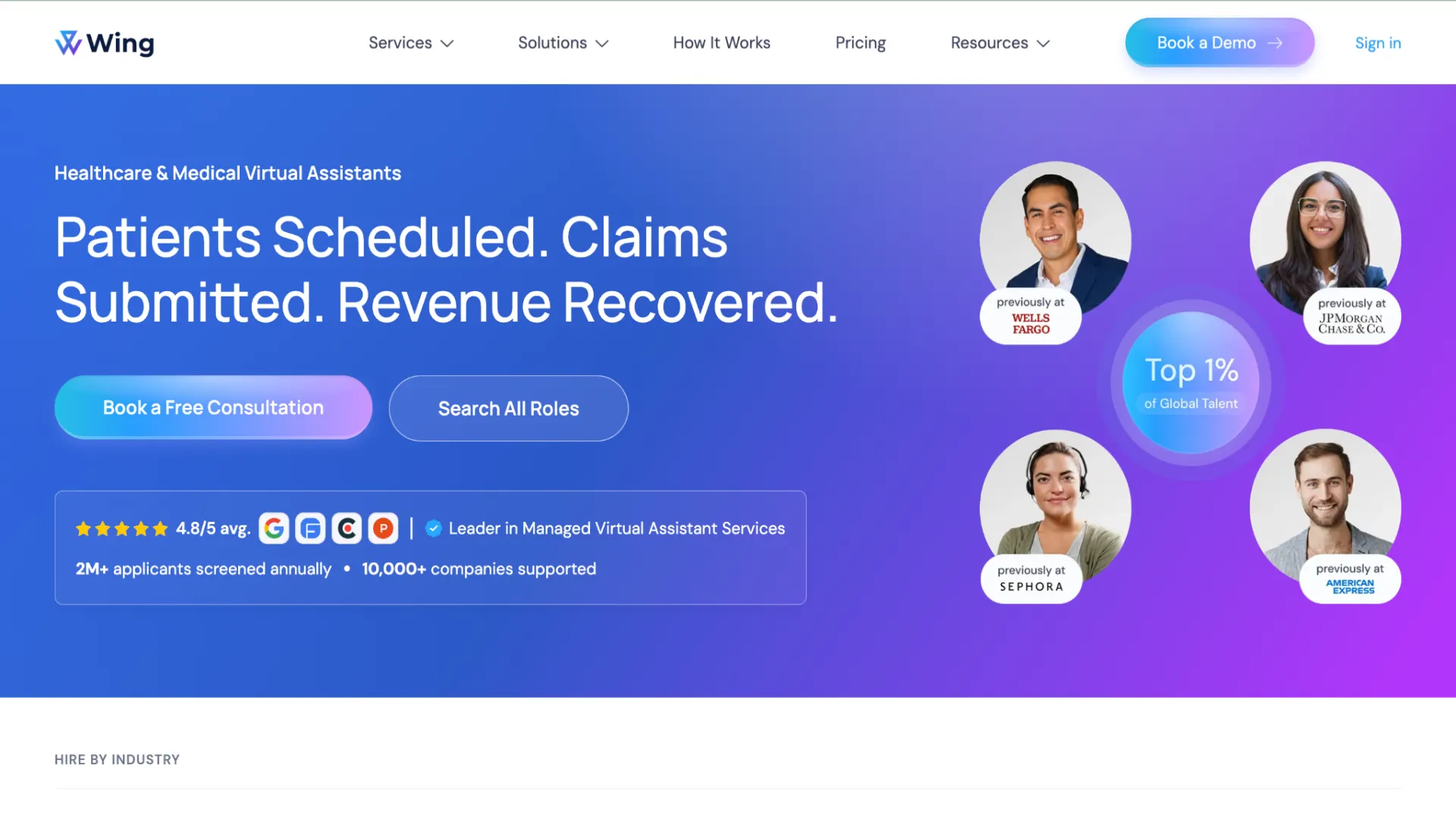 Wing Assistant homepage hero section showcasing healthcare and medical virtual assistant services with top global talent profiles and 4.8/5 rating.