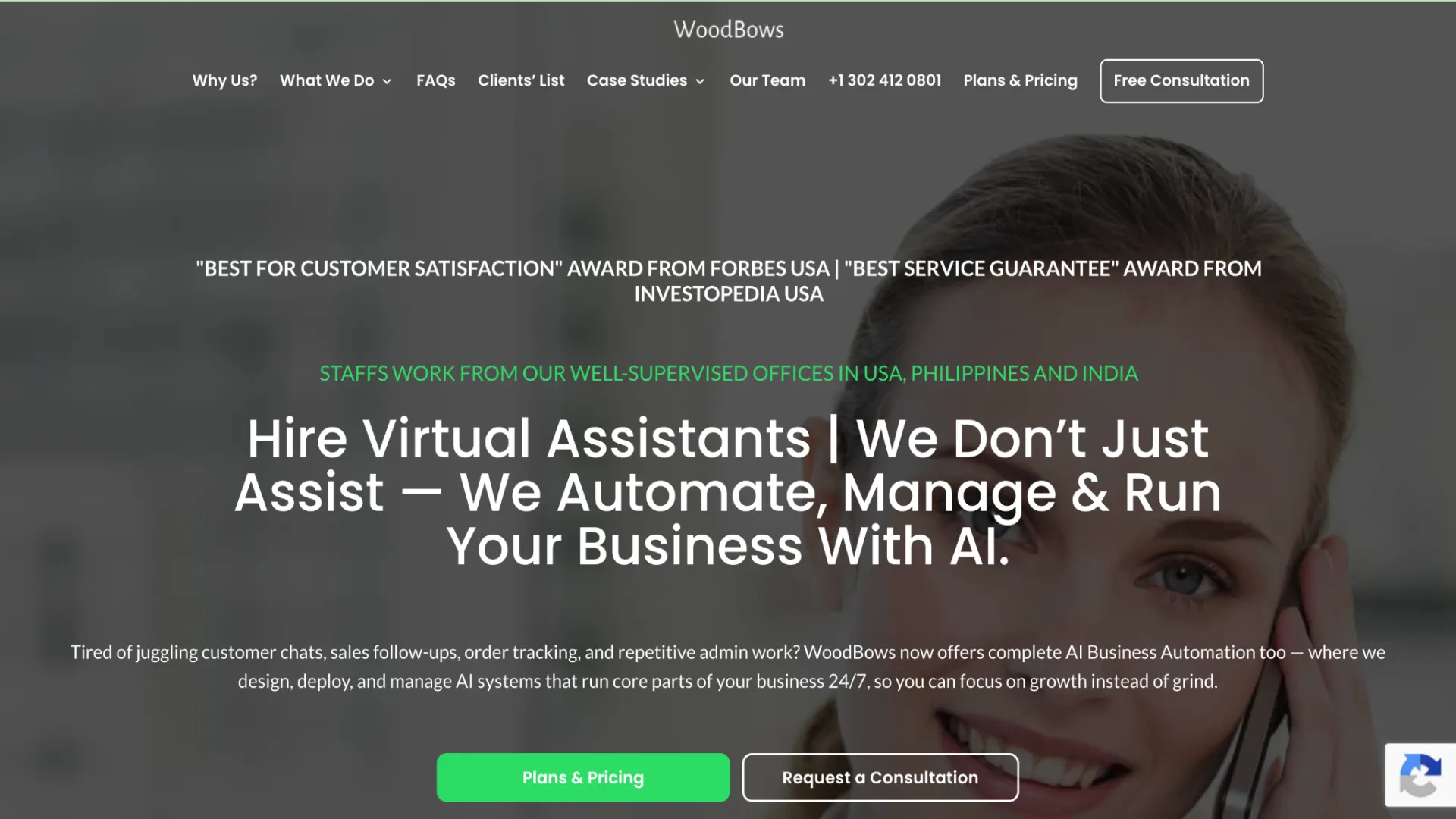 WoodBows virtual assistant landing page featuring AI business automation services, Forbes/Investopedia award text, and a customer service representative with a headset.
