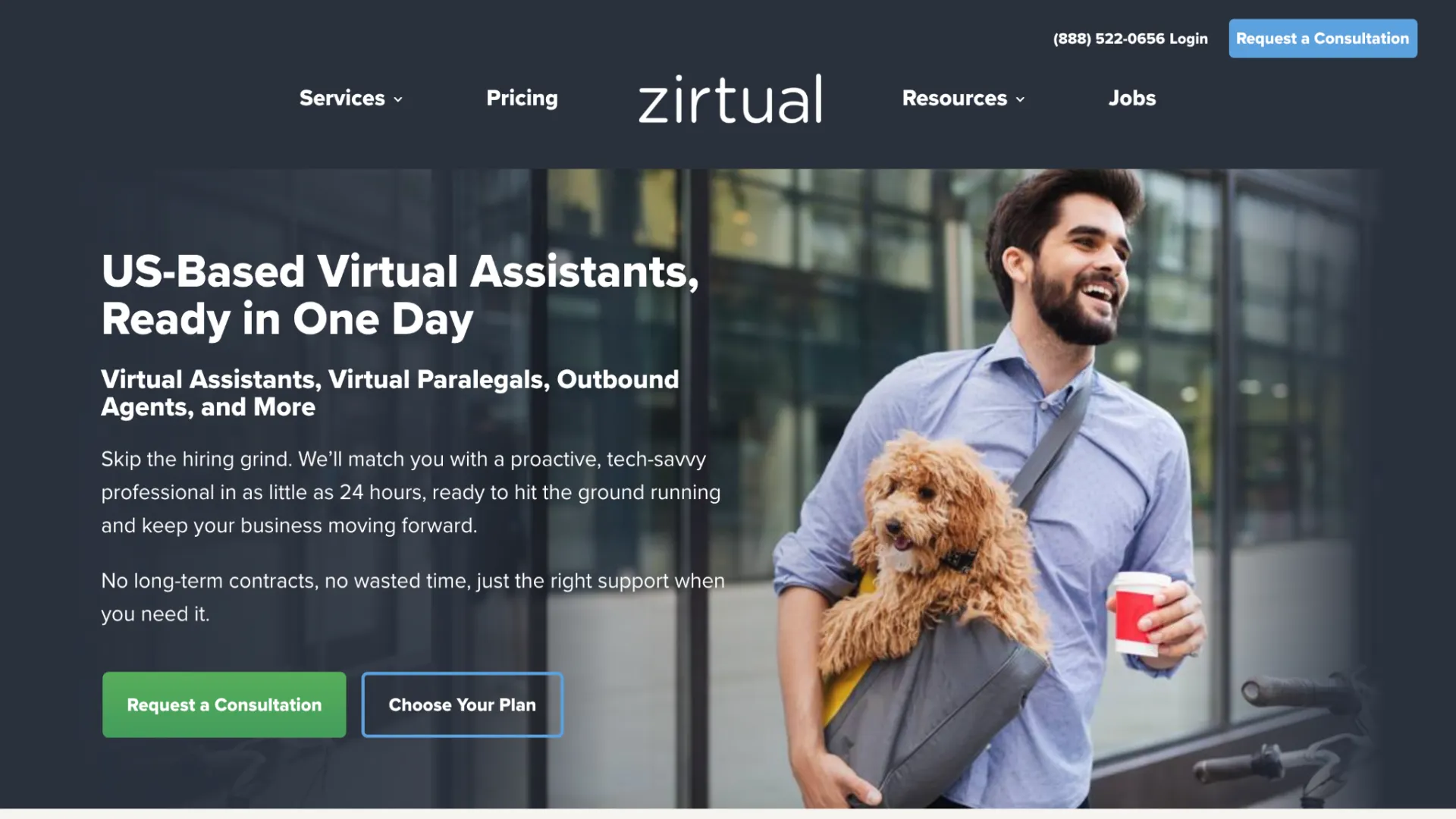Zirtual homepage displaying US-based virtual assistant and paralegal hiring services with a professional man holding a coffee cup and small dog outdoors.