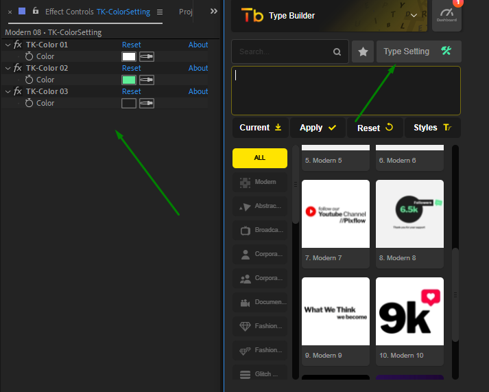 Type Builder setting panel from the effect controls panel
